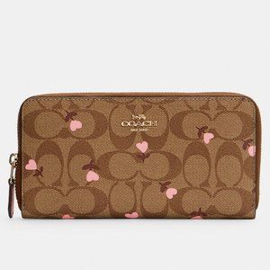 COACH Accordion Zip Wallet Signature Canvas With Heart Floral Print